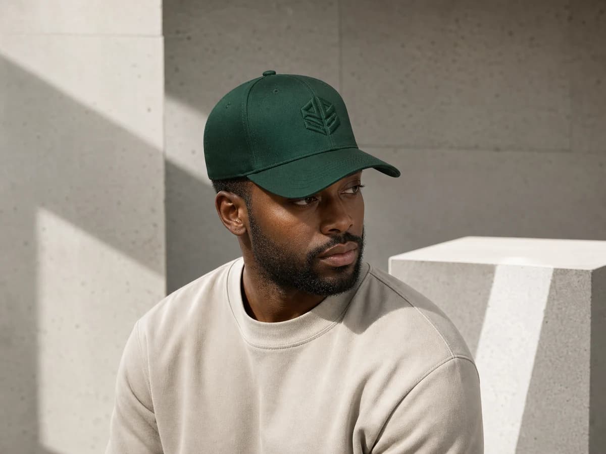 Representative styling concept of a model wearing a forest-green six-panel cap with tonal geometric embroidery
