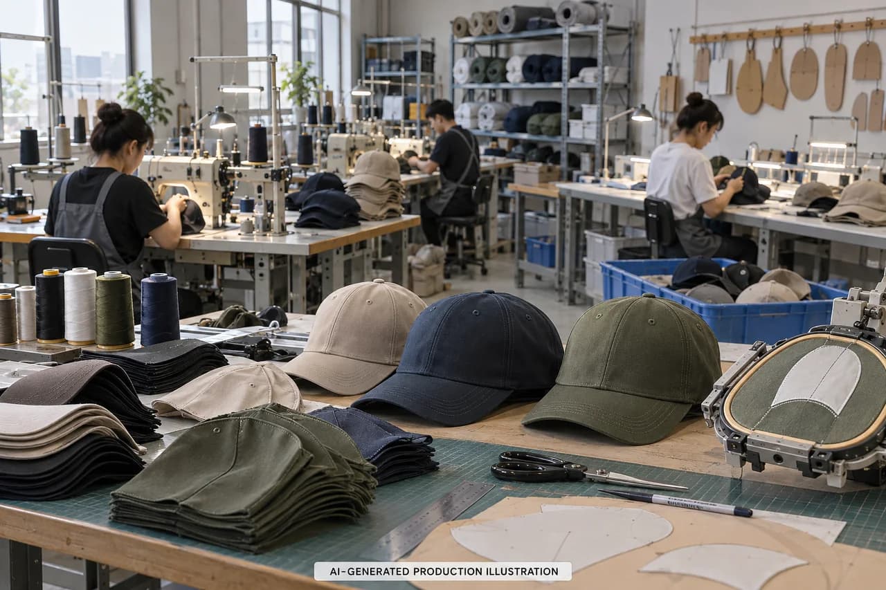 AI-generated illustration of custom hat production and sample review, not a photograph of the FEICHEER factory