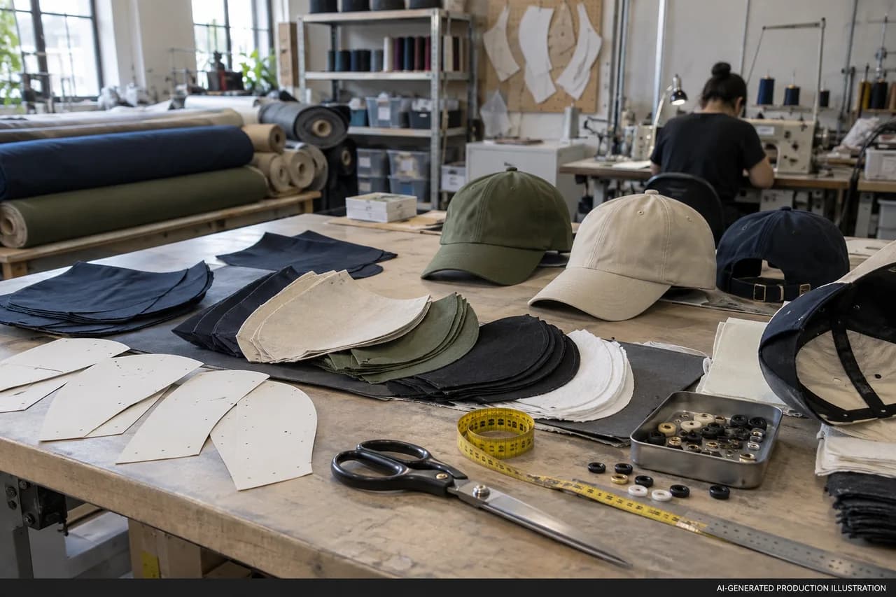 AI-generated illustration of hat fabrics and trims for specification review, not an actual factory photograph