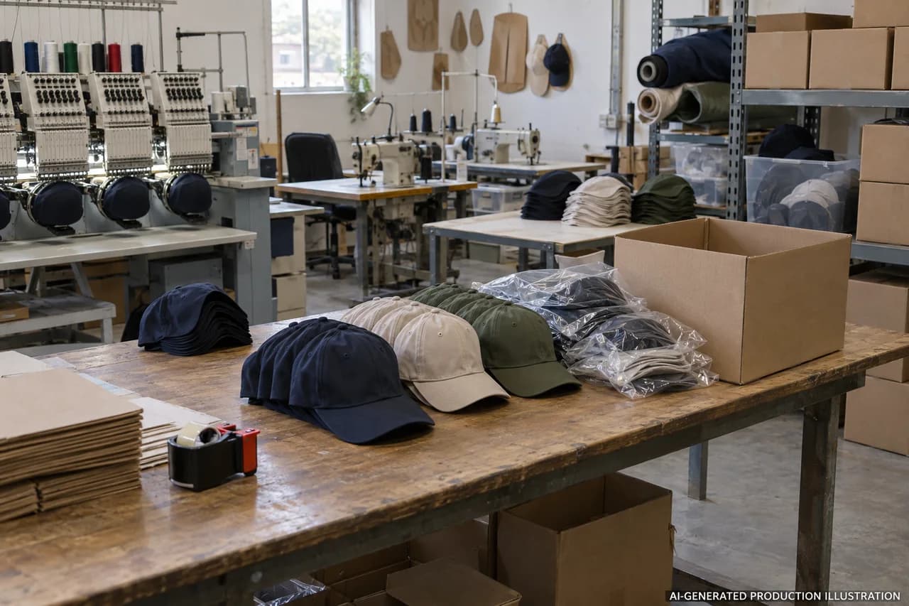 AI-generated illustration of headwear packing, not an actual factory photograph or completed shipment