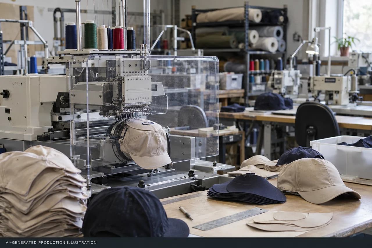 AI-generated illustration of hat construction and decoration, not an actual factory photograph