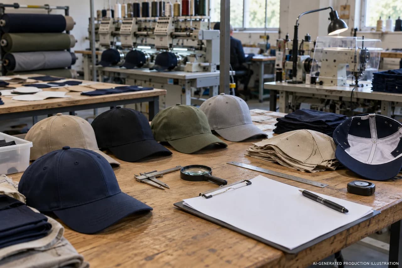 AI-generated illustration of custom hat quality review, not an actual factory photograph