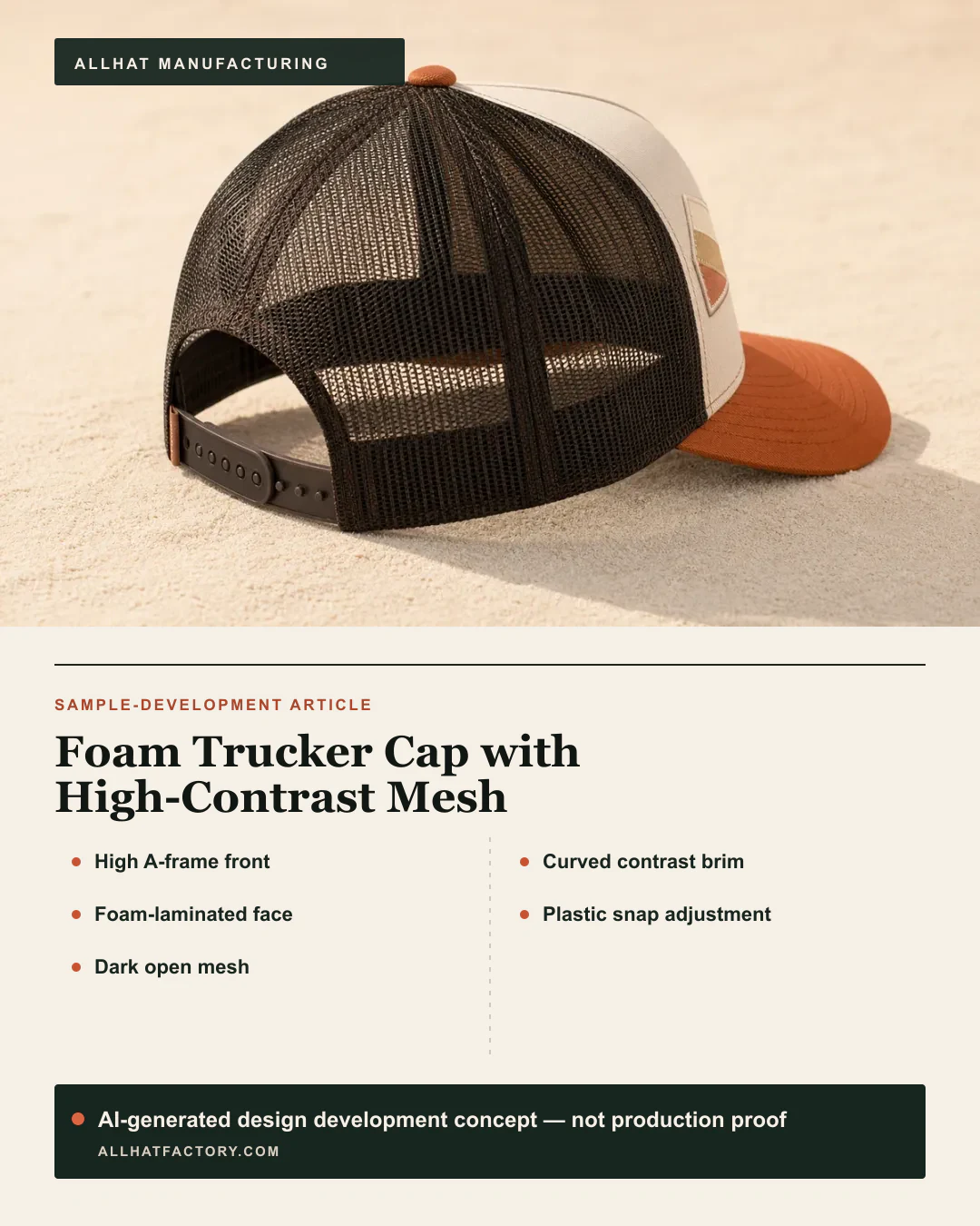 AI-generated rear-view trucker-cap visual reference showing dark open mesh, an adjustable snap and a contrast visor, used to develop proposed foam-front, A-frame and badge directions; not production proof.