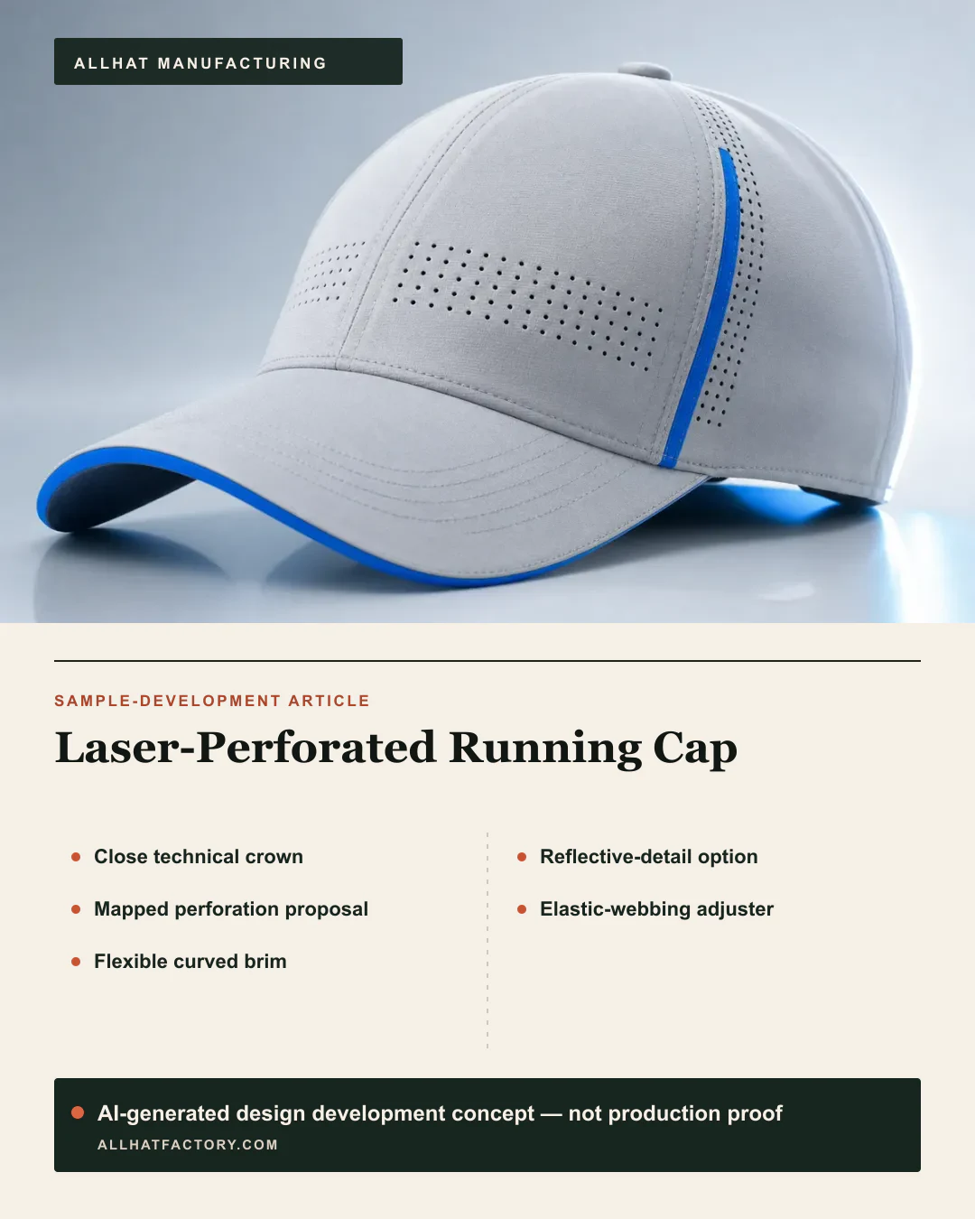 AI-generated running-cap visual reference and design development concept with mapped side perforations and a flexible curved visor, used to develop proposed close-crown, adjuster and reflective-detail directions; not tested performance evidence.