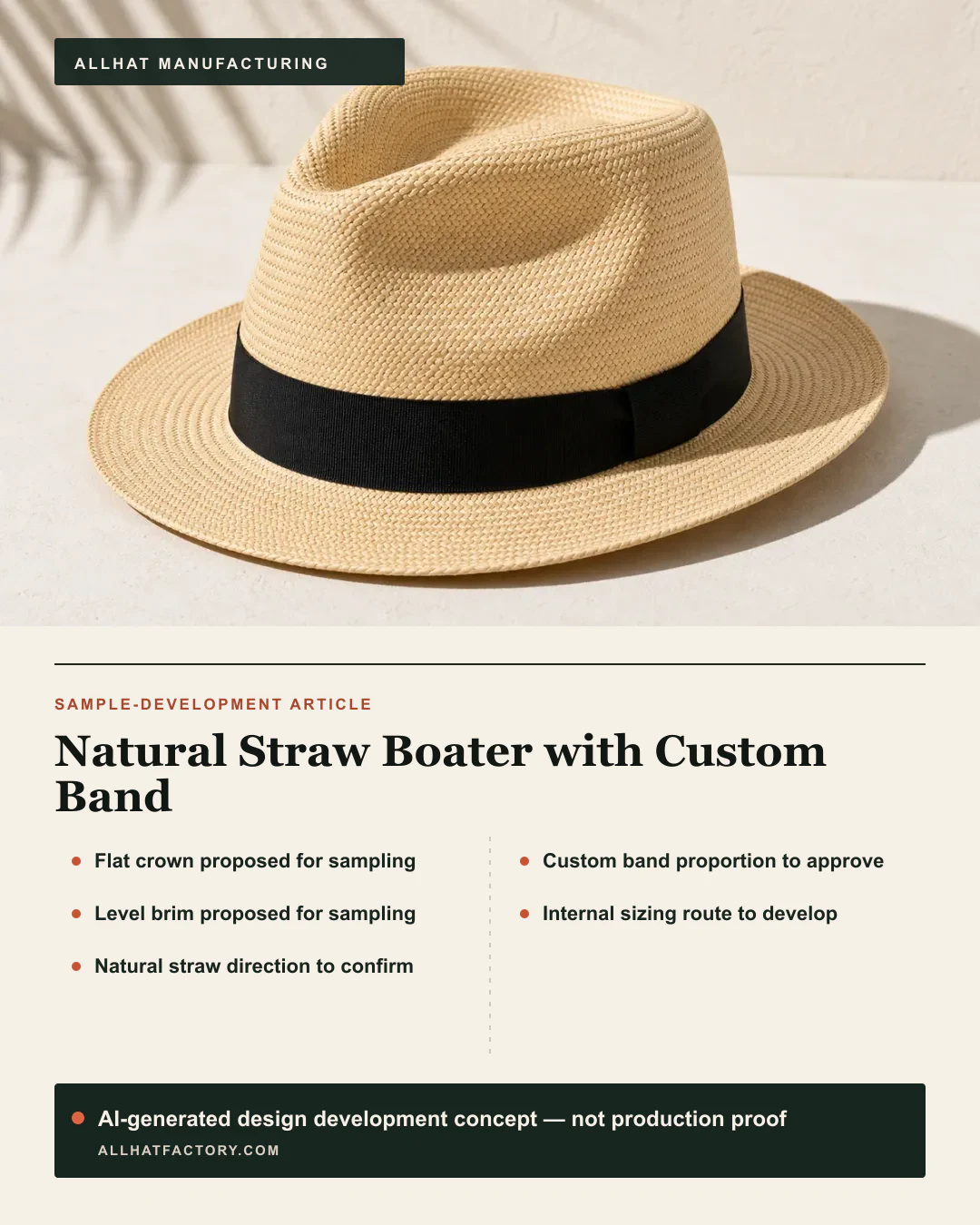 AI-generated straw-hat visual reference with a pinched crown, used to develop proposed boater crown, level-brim and custom-band directions; not a finished boater.