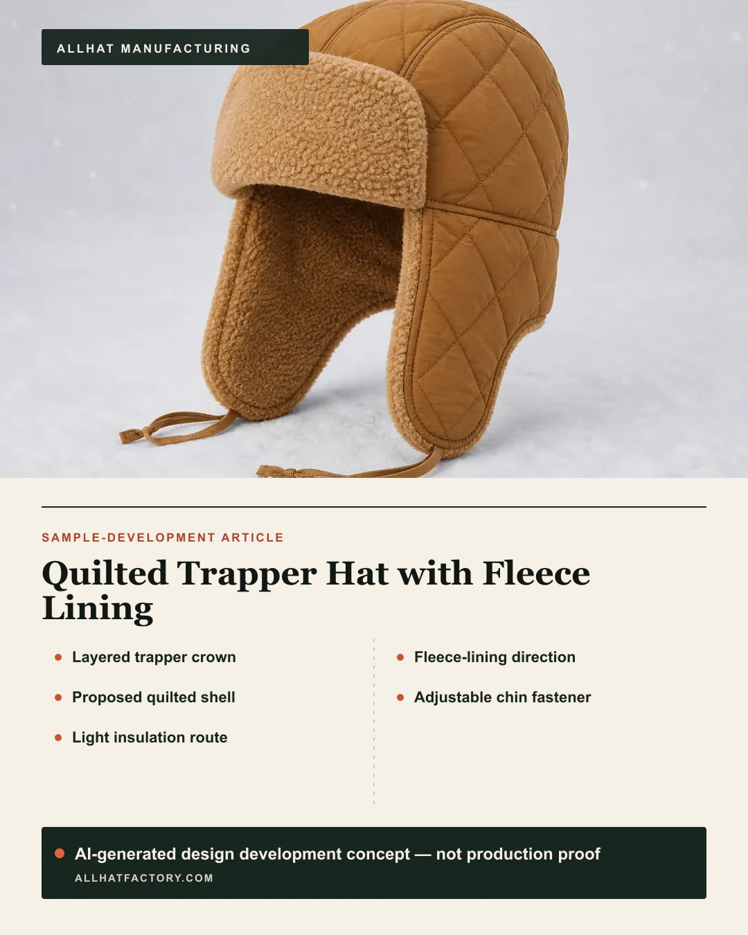 AI-generated quilted trapper-hat visual reference and design development concept with full ear flaps, chin fastening and fleece-like lining, used to develop proposed layering, coverage, patch and fit directions; not warmth proof.