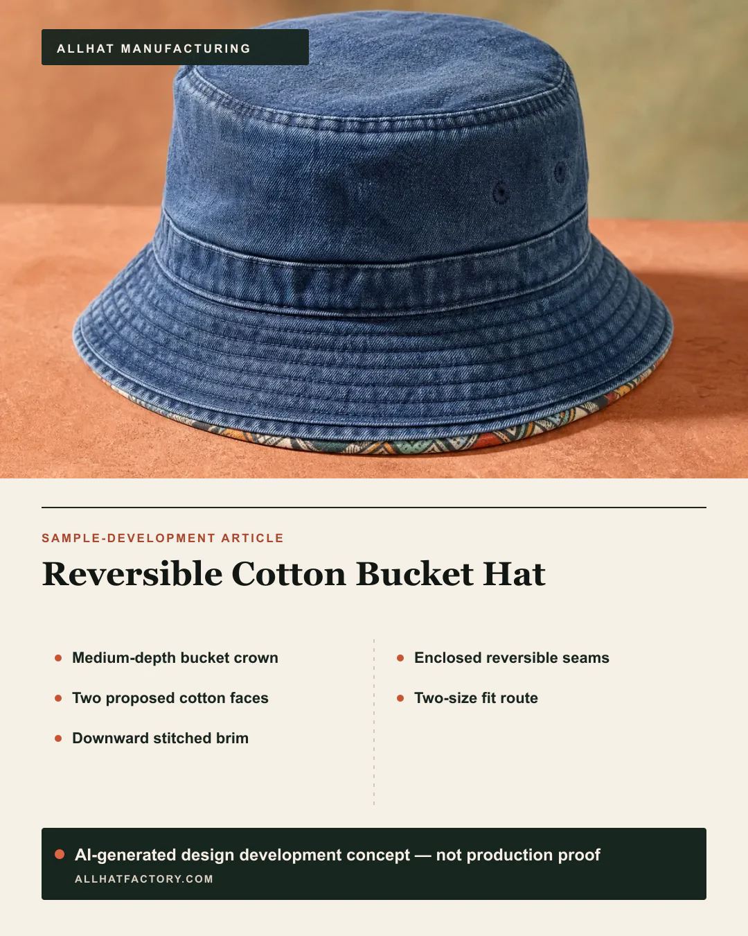 AI-generated washed blue bucket-hat visual reference with a stitched downward brim and patterned underside edge, used to develop proposed reversible faces, enclosed seams, fit and dual-decoration directions; not production proof.