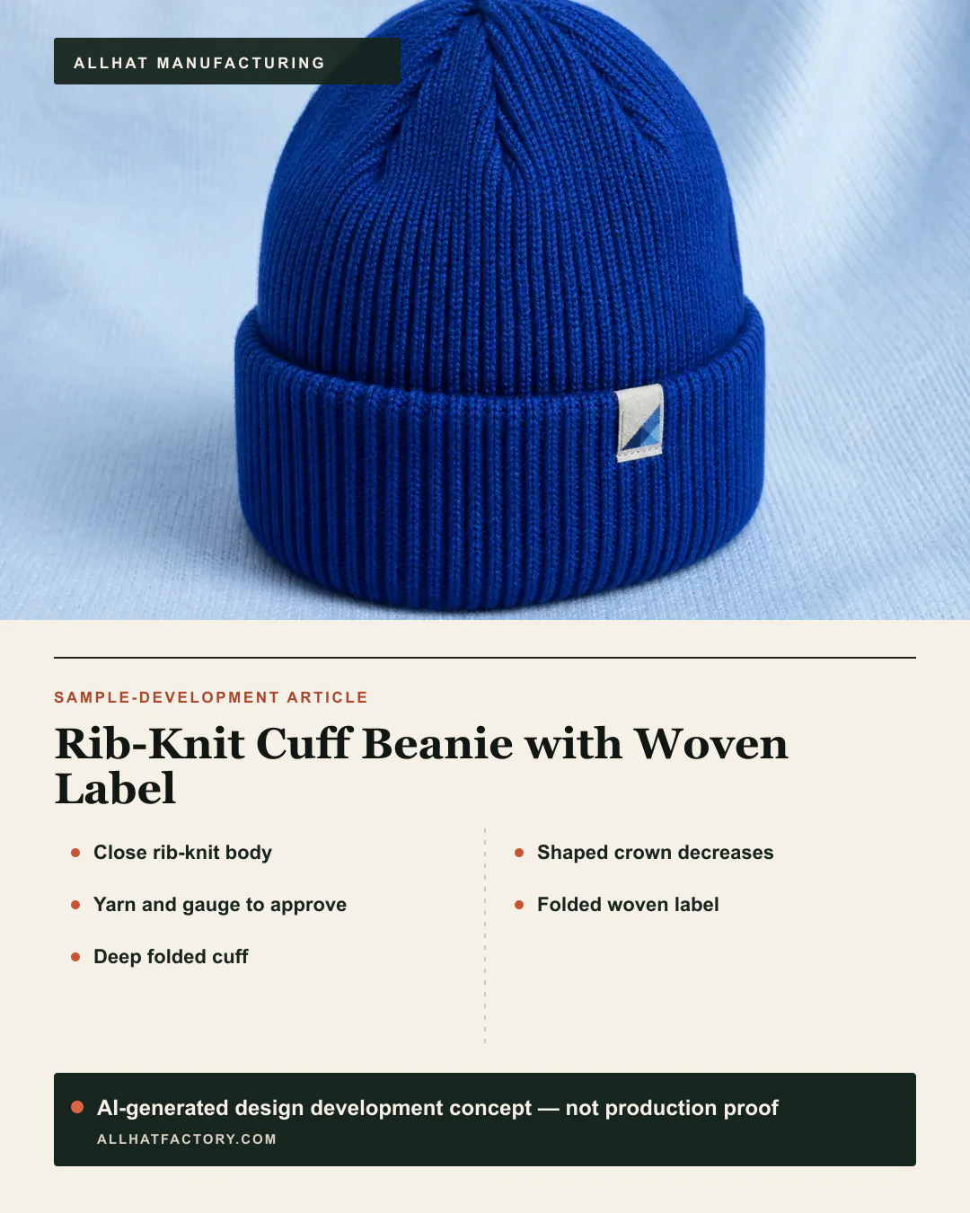 AI-generated rib-knit beanie visual reference and design development concept with a deep folded cuff and woven edge label, used to develop proposed yarn, gauge, crown-shaping and stretch-fit directions; not performance evidence.