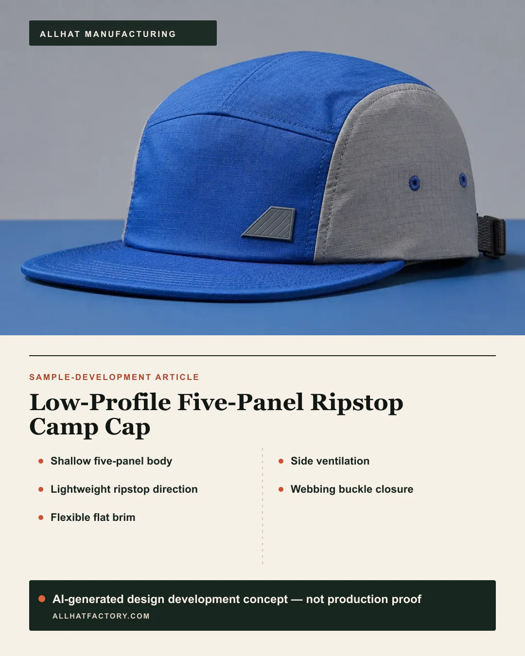 AI-generated blue-and-gray low-profile camp-cap visual reference with a flat visor and side vents, used to develop proposed ripstop, five-panel, webbing and label directions; not production proof.