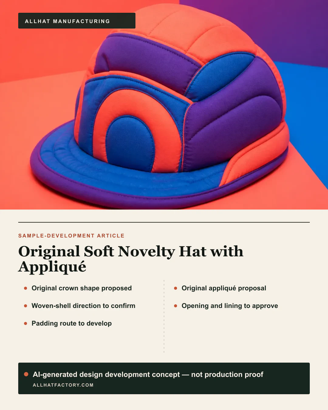 AI-generated original novelty-hat visual reference and design development concept with soft sculptural panels and layered appliqué, used to develop proposed padding, attachment, lining and fit directions; not a licensed character or production proof.