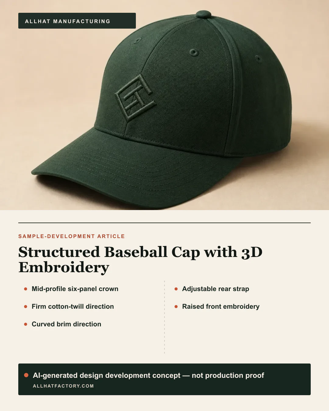 AI-generated structured baseball-cap visual reference and design development concept with a curved visor and raised front mark, used to develop proposed six-panel, closure and 3D-embroidery directions; not production proof.