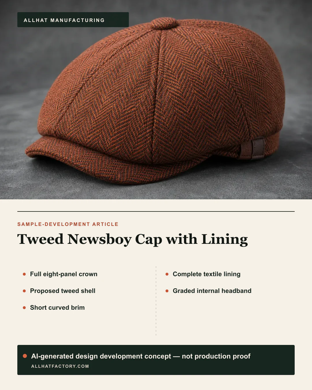 AI-generated tweed newsboy-cap visual reference and design development concept with a full eight-panel crown, center button and short visor, used to develop proposed pattern, lining, label and fit directions; not production proof.