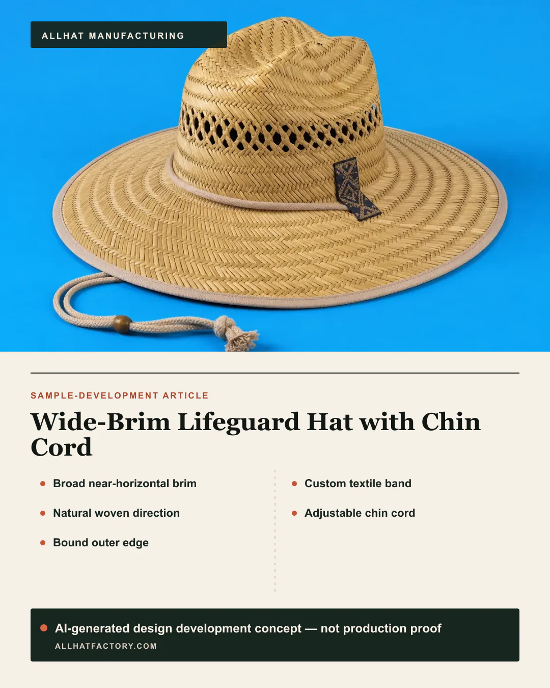 AI-generated wide-brim lifeguard-hat visual reference and design development concept with a woven body, bound edge, textile band and chin cord, used to develop proposed proportion, retention and packing directions; not performance evidence.