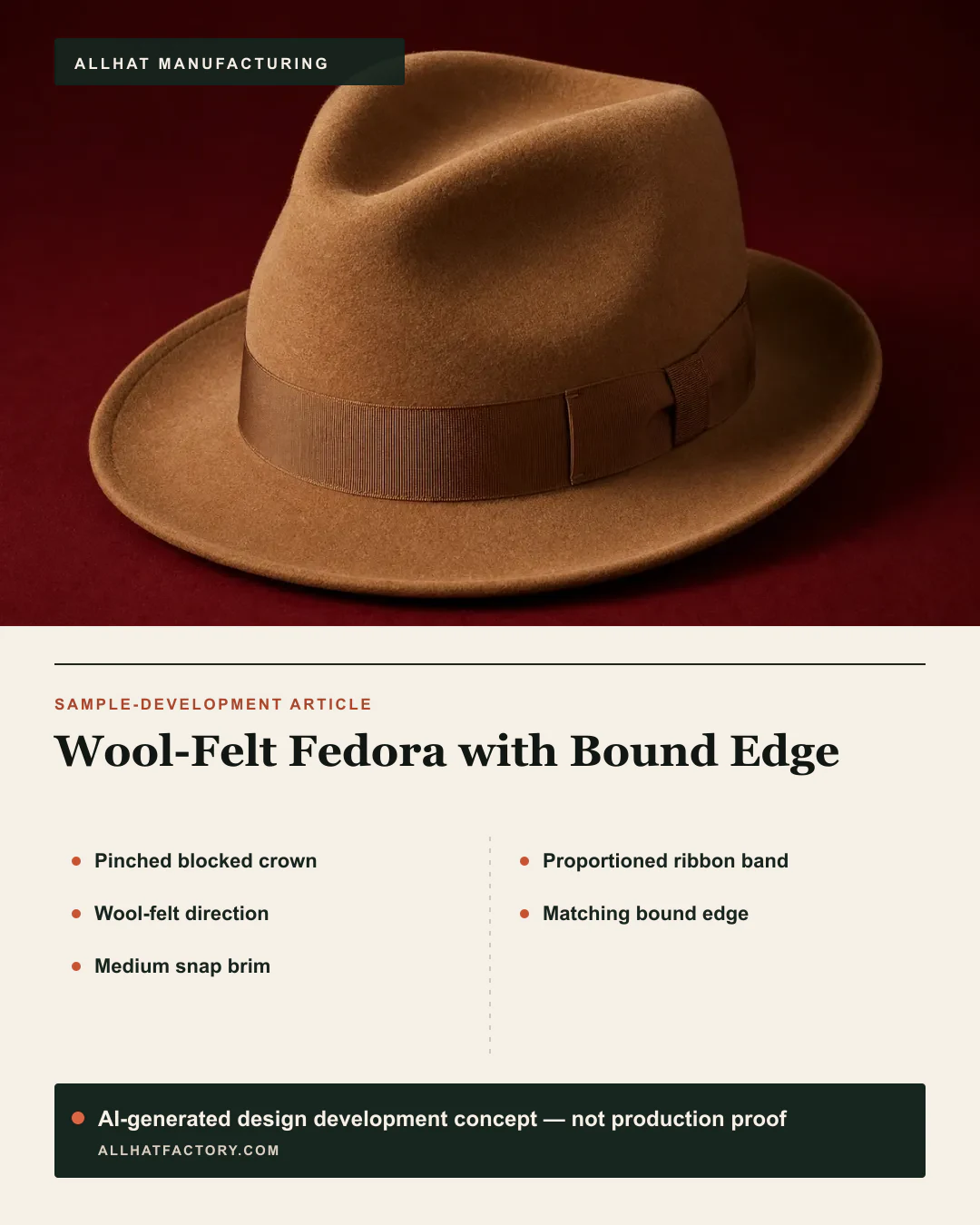 AI-generated wool-felt fedora visual reference and design development concept with a pinched center-dent crown and bound snap brim, used to develop proposed blocking, ribbon, edge and graded-fit directions; not production proof.